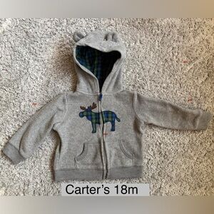 •Carter’s• Zip-Up Hooded Moose Sweatshirt | Grey | 18m